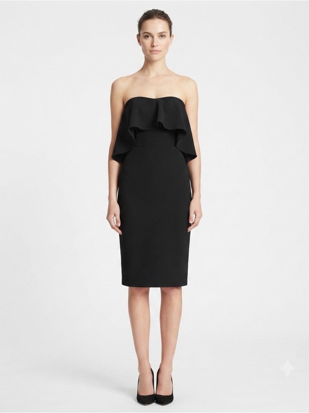 Chelsea28 Women Black Strapless Ruffle Sheath Midi Cocktail Dress Sz 10 NWT